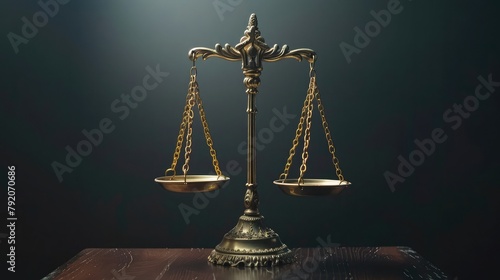 Symbol of Justice - Law scales on table in front of a black background. Ideal for lawyers and legal courtrooms