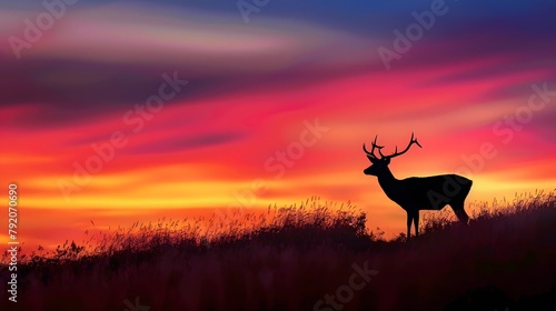 A graceful deer silhouette against a colorful sunset backdrop  symbolizing peace and harmony in nature.