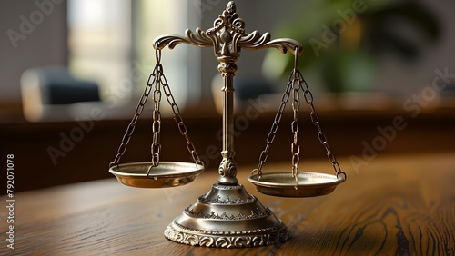 Metal scales on table in office symbolize justice and balance. Concept Office decor, Symbolism, Metal scales, Justice, Balance