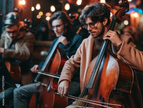 A man in glasses is playing a cello in front of other people. The man is wearing a brown coat and is holding the cello with both hands