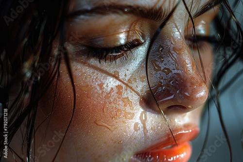 Close-up of a beautiful female face with long eyelashes and scarlet lips in drops of water. Generated by artificial intelligence