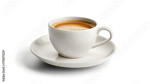 a white ceramic coffee cup placed on a matching saucer. The cup is filled with freshly brewed coffee, exhibiting a rich, creamy brown color