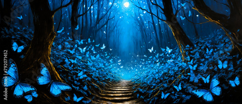 Painting of swarming phosphorescent blue butterflies at night in a dark forest in moonlight photo