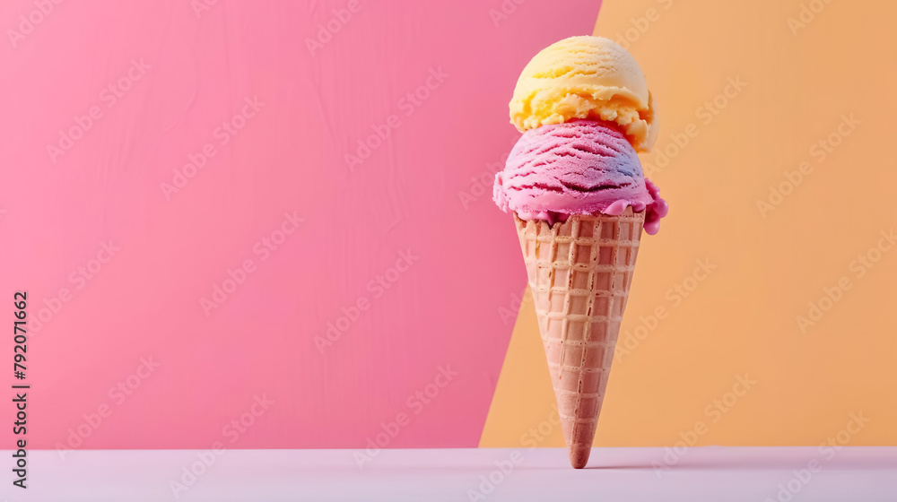 colorful ice cream cone against pastel background in summer light colorful ice cream cone against pastel background in summer light