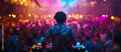 A young man is DJing at a lively club, with colorful lights illuminating the crowd dancing with high energy during the night