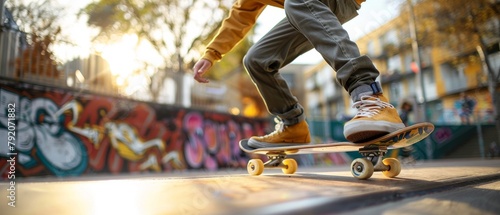 Skateboarding in urban park with dynamic motion, graffiti walls, casual wear, action shot