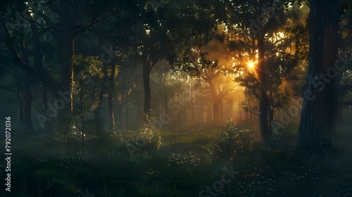 A hauntingly beautiful scene of a dark forest at sunset, where the last rays of sunlight pierce through the dense canopy, casting long shadows on the forest floor in stunning 4K realism.