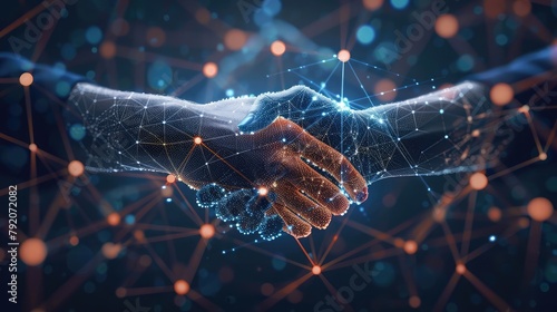 Two hands in a handshake overlaid with a dynamic digital network pattern, symbolizing connectivity and futuristic agreements. photo