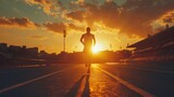 Black athlete sprints on track with a powerful expression, stadium backdrop, and sunset glow