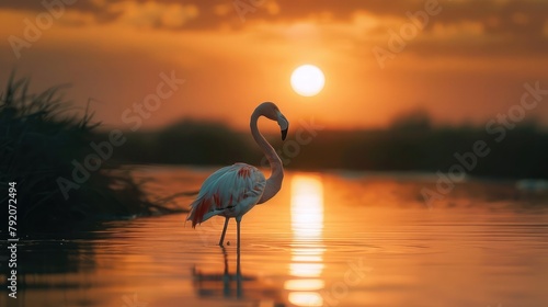 View of a flamingo on a oasis in the Sahara desert at sunset 