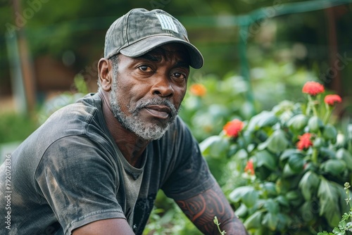 A Black man volunteers in a community garden, teaching kids amidst vibrant plants and flowers on a sunny day