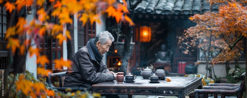 An elderly Asian man is enjoying tea in a traditional garden, surrounded by a serene atmosphere that embodies cultural heritage and peaceful retirement