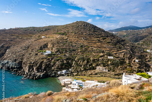 View of beach and mountain ladscape near Kastro village, Sifnos island, Greece
