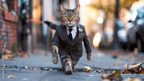 A cat, dressed in a suit, is running swiftly down the street, showcasing a unique sight of an animal in formal attire engaging in physical activity