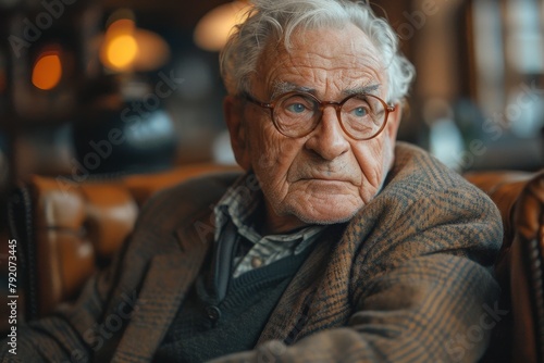 Elderly man shares engaging stories with grandchildren in cozy family room, fostering generational bonds photo