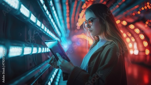 Young woman with eyeglasses using tablet PC in illuminated underground tunnel