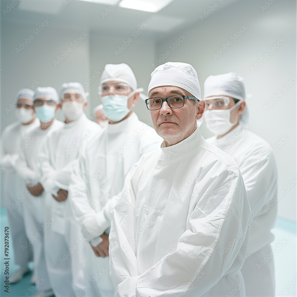 A group of doctors wearing white coats and masks stand in a line