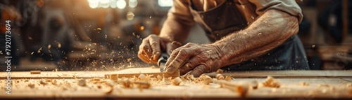 An elderly man is teaching woodworking to young adults in a workshop, with a detailed focus on hands and tools, bathed in warm light