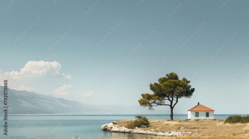 White cottage next to a lone tree at the sea