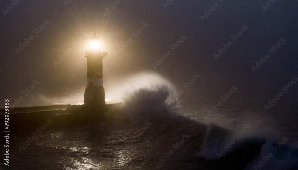 Lighthouse shot from above on a wavy and foggy night, waves hitting the rocks, the lighthouse illuminating the sea