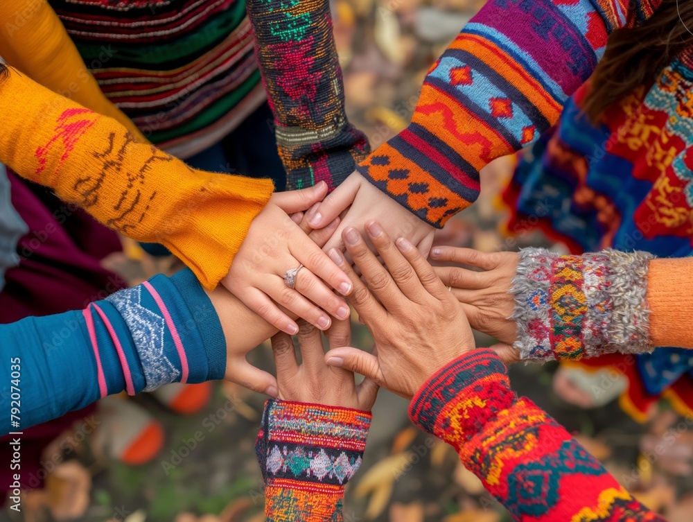 A group of people are holding hands in a circle, with each person wearing a different colored sweater. Concept of unity and togetherness