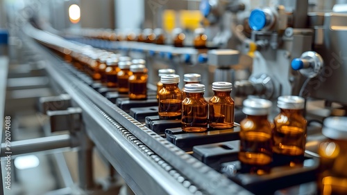 Pharmaceutical factory production line with machines filling glass bottles for health care. Concept Pharmaceutical Industry, Factory Production Line, Glass Bottle Filling, Health Care Technology