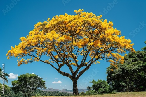 Capture a captivating shot of a yellow Ip   tree in full bloom  where radiant yellow blossoms stand out against vivid green leaves and a clear blue sky