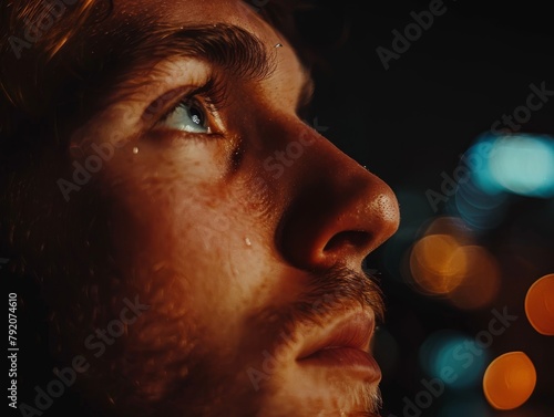 Man's intense gaze, office backdrop, nighttime focus, immersed in thoughts