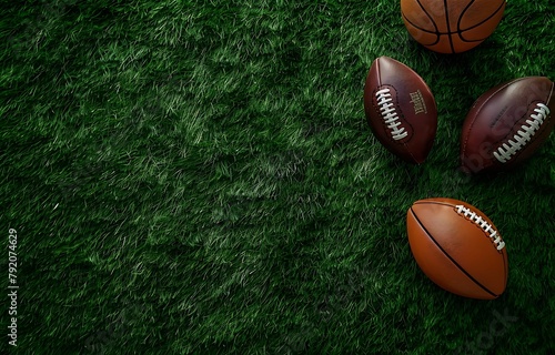 Top view of various sports equipment on a green grass background  including a football  basketball  and baseball