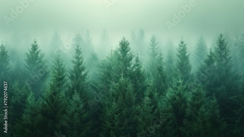 This image captures the serene beauty of a dense evergreen forest shrouded in an ethereal mist  conveying a sense of mystery and calm