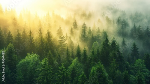 Sunrays piercing through a foggy coniferous forest, creating a moody and ethereal atmosphere that invokes tranquility and the mystery of nature photo