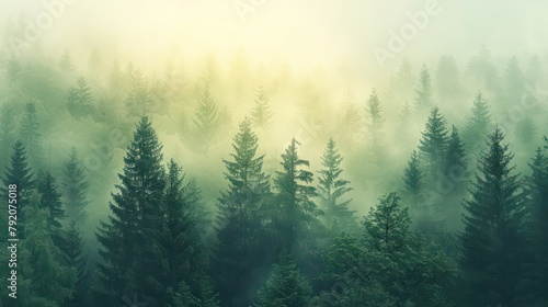 A serene and mystical image showcasing sunlight piercing through the misty atmosphere in a dense pine forest The photo evokes tranquility and the beauty of nature