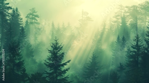 An ethereal view of the sun's rays breaking through a heavy fog among dense pine trees, evoking a sense of mystery and enchantment in a forest setting