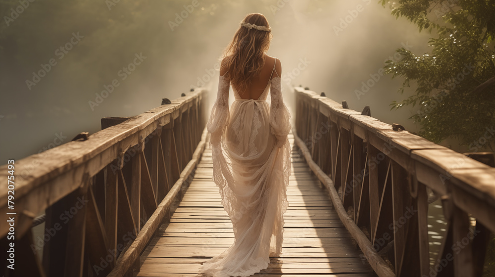 Silhouette of a young Victorian blonde woman wearing a white dress, crossing a bridge over a foggy river, seen from the back Silhouette of a young Victorian blonde woman wearing a white dress, crossing a bridge over a foggy river, seen from the back