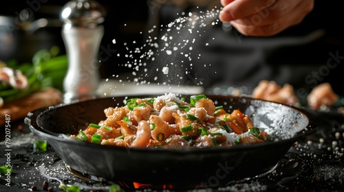 Culinary Photography, Chef Seasoning Food with Salt, Action Shot in Kitchen,