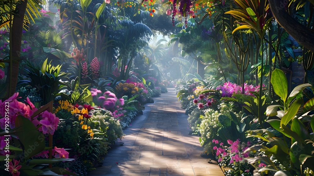 A lush botanical garden bursting with exotic blooms from around the world, with winding pathways leading to hidden treasures.