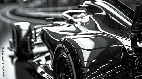 A hyper-realistic close-up of the sleek lines and aerodynamic design of an F1 car, showcasing its cutting-edge engineering.    © AlphaStock