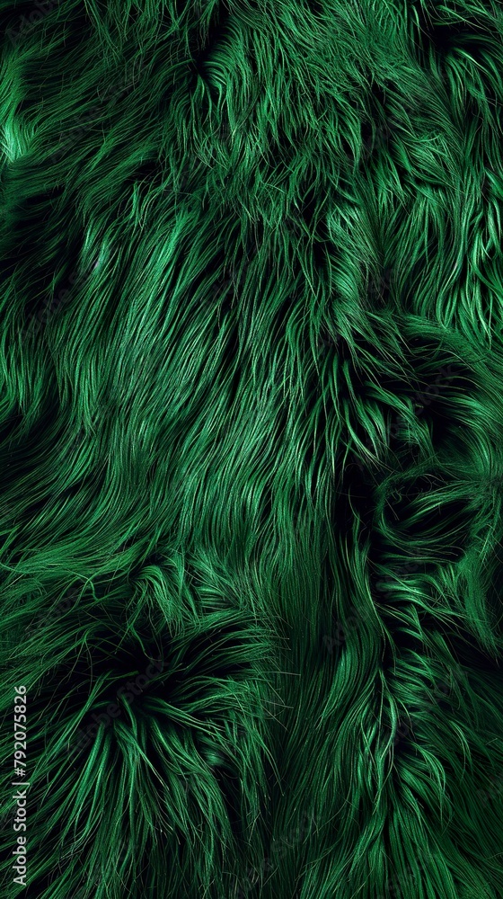 A top view of the green fur texture of a smooth, luxurious surface with shiny reflections as the light falls on it. Texture of green fur threads with a soft surface.