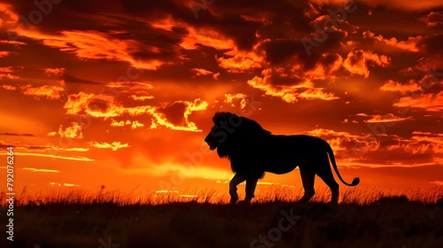 A majestic lion silhouette outlined against a fiery sunset sky, representing strength and courage in the wilderness. © Love Mohammad