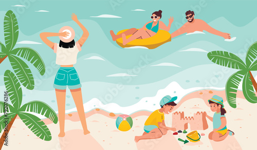 Summer season cartoon background with people resting on the seashore.Girl in greeting on the beach, couple swimming and children with sand castle.Vector design for banner template,poster,flyer.