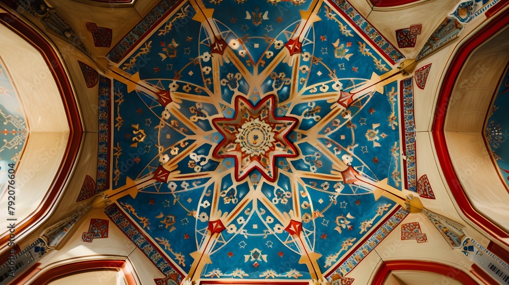 A Mediterranean-style ceiling adorned with hand-painted tiles depicting intricate patterns and motifs, evoking a sense of timeless beauty.