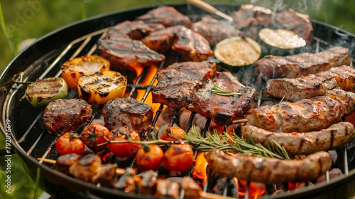 Assortment of delicious grilled meat with vegetables on the barbecue grill with smoke and flame 