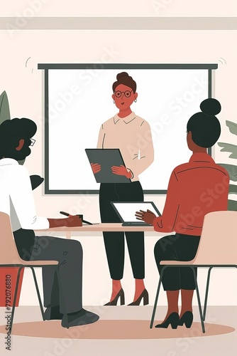 A businesswoman leads a training presentation for her team, fostering learning and development in a collaborative office environment to enhance skills and knowledge