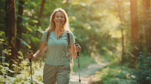 Frau beim Nordic Walking laufen im Wald