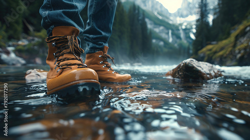 legs of the tourist on the background of the river against the background of the mountains photo