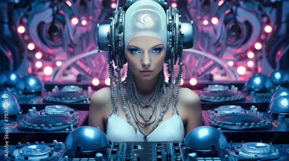 A hyper-technological DJ cover symbolizes the heart of TECHNO music, illustrating the art of mixing and the energy of music scenes designed for the creation of music playlists. Ai generated A hyper-technological DJ cover symbolizes the heart of TECHNO music, illustrating the art of mixing and the energy of music scenes designed for the creation of music playlists. Ai generated