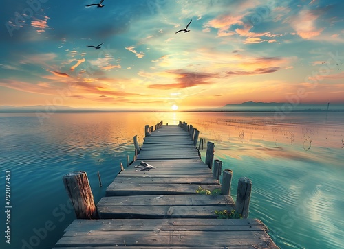 Wooden pier on the lake at sunset with flying birds © Mahwish