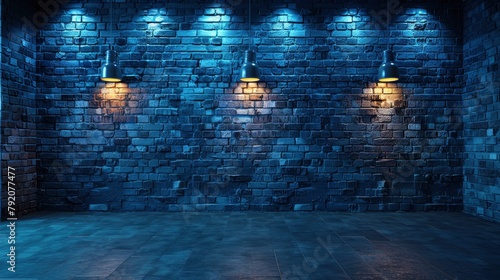 Empty dark blue brick wall with lamps on the sides, empty room background