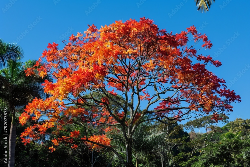 Discover a serene view of Brazilian trees in autumn, where foliage painted in shades of red, orange, and yellow creates a mesmerizing contrast against the deep green of the surrounding vegetation 