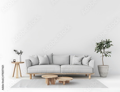 Scandinavian style interior mockup of a living room with a gray sofa and wooden side tables on a white background © Nafees